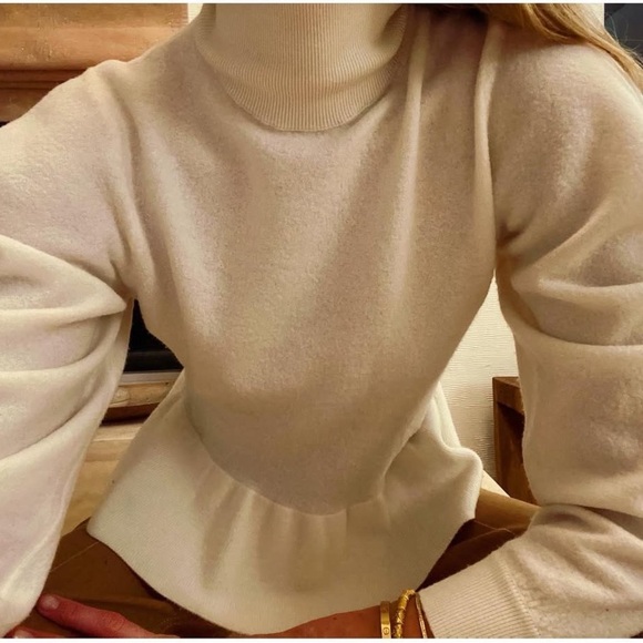 ULLA JOHNSON ROSA WOOL TURTLENECK STRUCTURED PEPLUM IVORY SWEATER PETITE - Picture 2 of 16